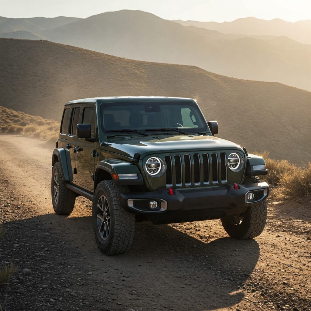 AI generated image of a dark green Jeep Wrangler parked near sand dunes in a desert