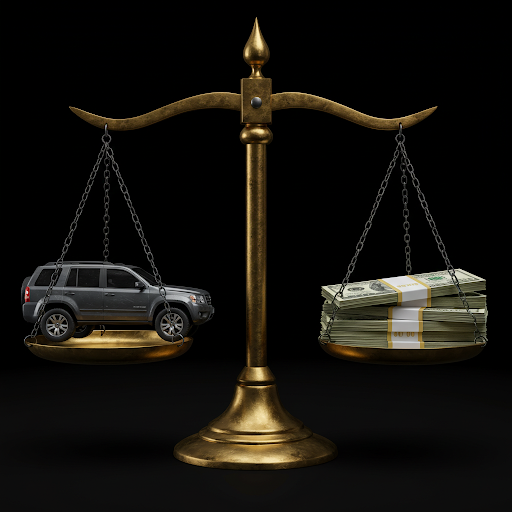 Concept image shows the scales of justice with an SUV on one scale and a pile of money on the other