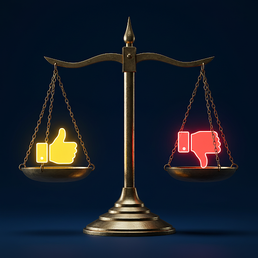 Image of the scales of justice with an upvote thumb on one scale and a downvote thumb on the other