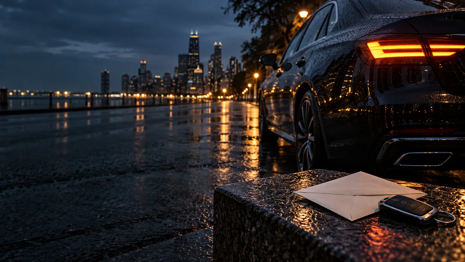 Tail lights of a sports car glowing on a city street at dusk
