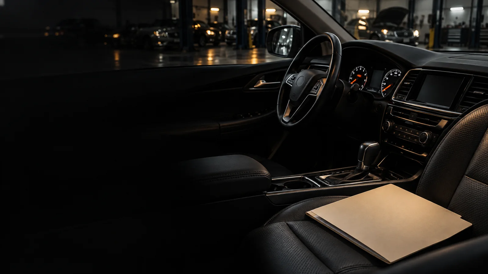 A driver's hands resting on the steering wheel at dusk