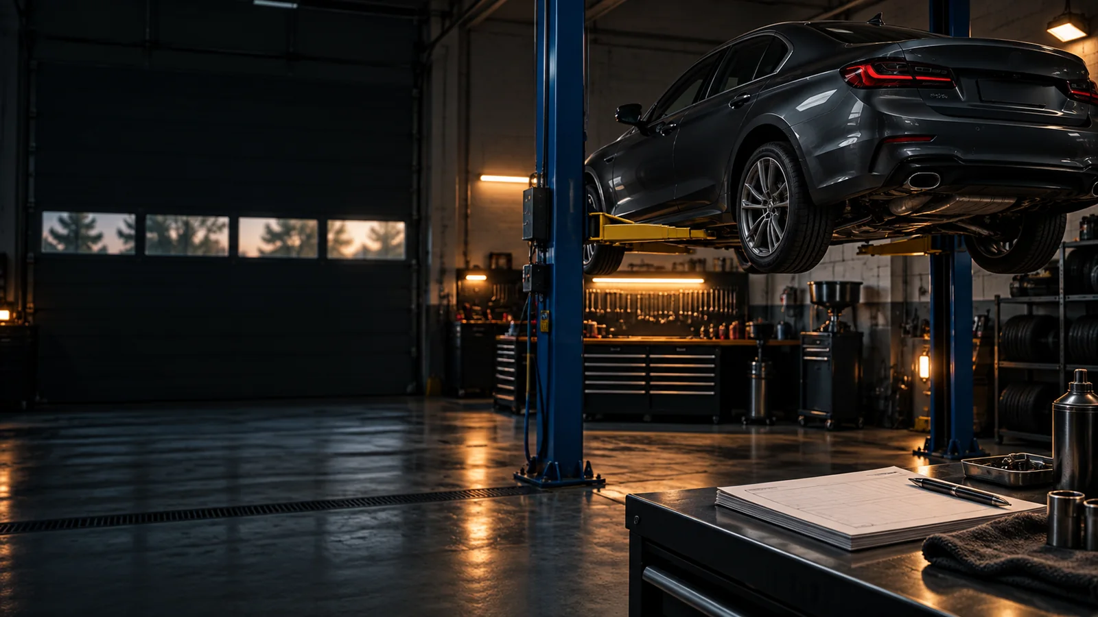 Vehicles raised on lifts inside a darkened service garage