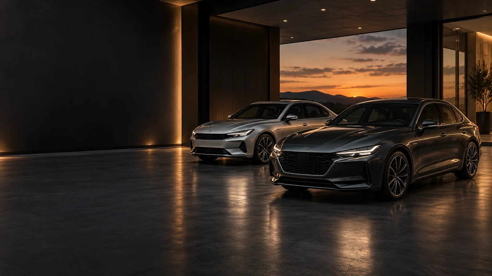 A new coupe photographed on open ground at dusk