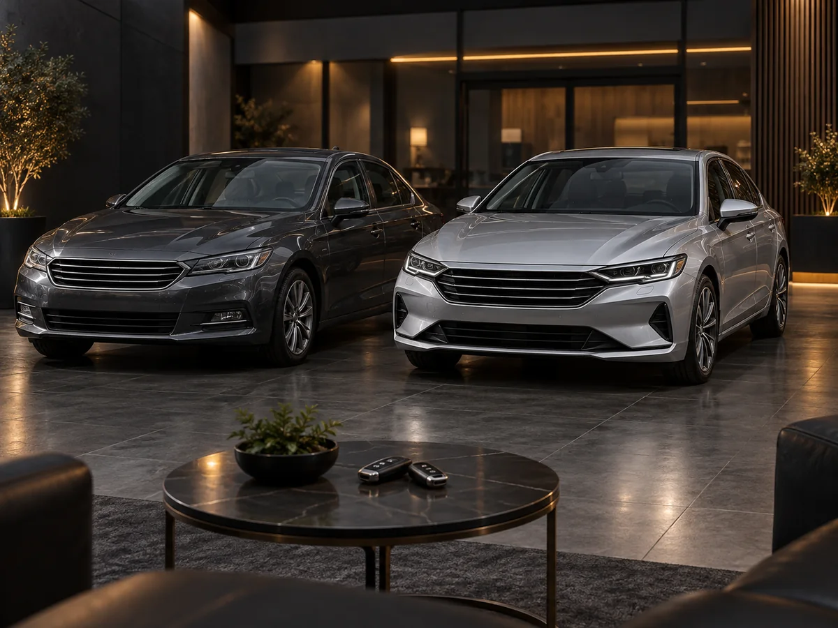 Two comparable vehicles side by side at a dealership