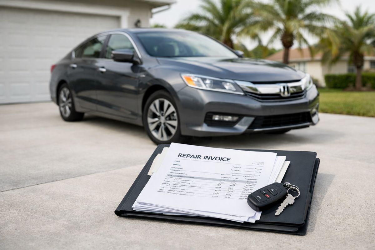 A late-model sedan parked in a Florida driveway beside a folder of repair invoices and a set of car keys, suggesting a used vehicle that may still have legal coverage depending on its original sale date and repair history