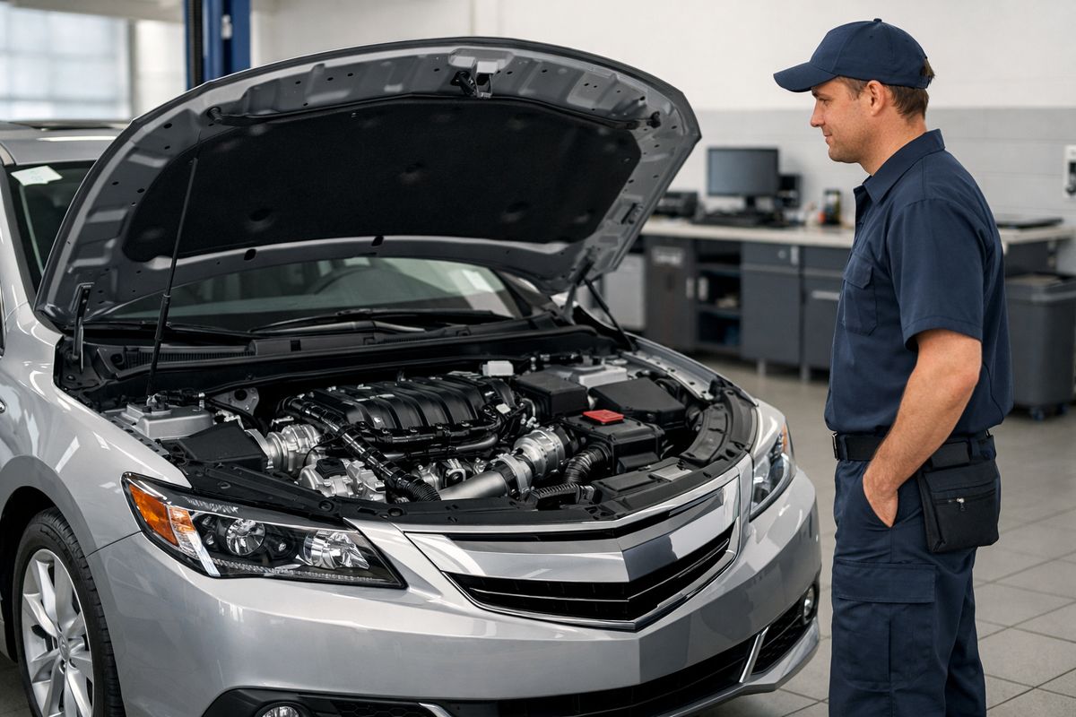 A late-model sedan parked at a dealership service bay with its hood open, a newly installed engine visible in the engine compartment, and a mechanic standing nearby while the car waits to be tested before leaving the shop