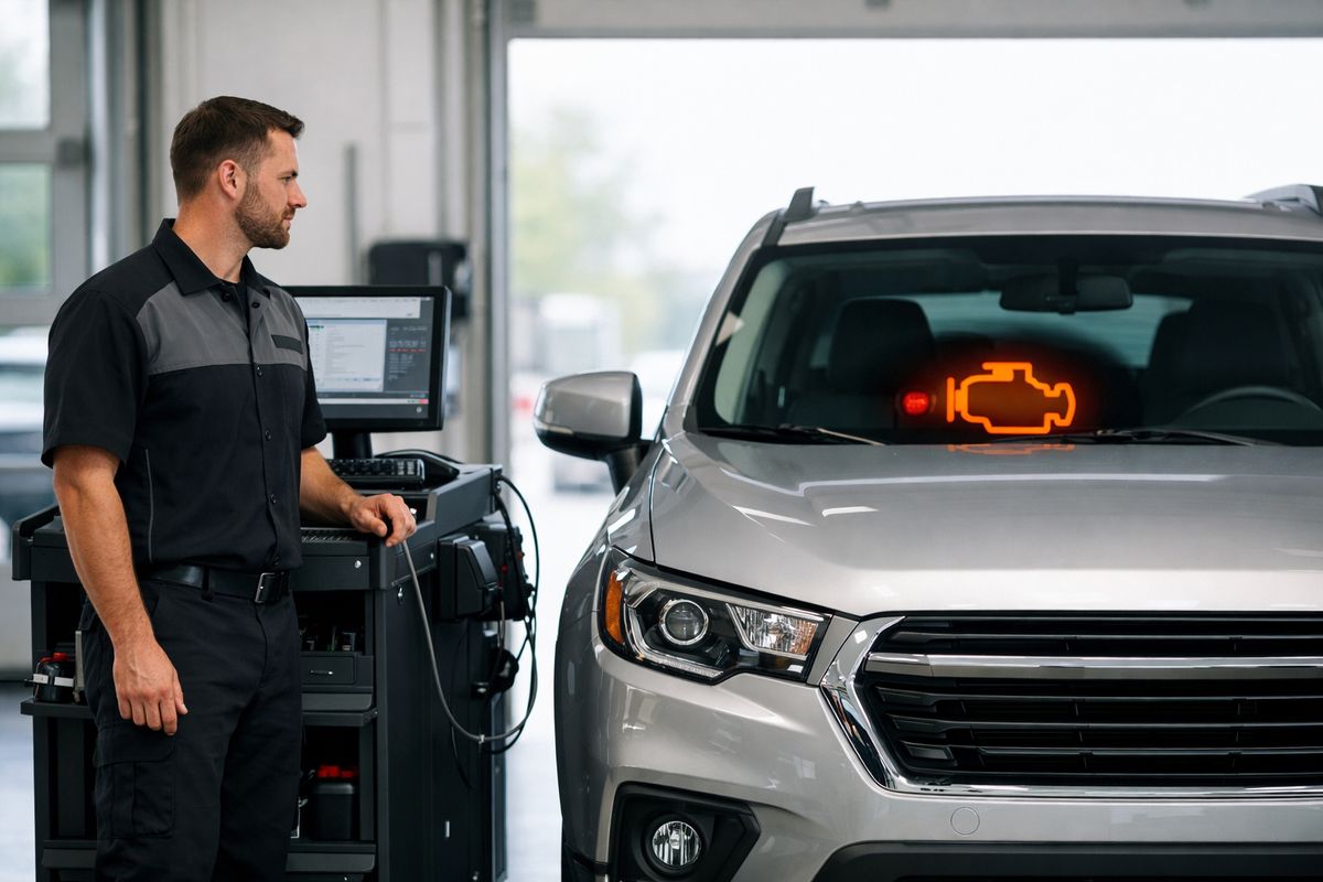 A car pulled into a dealership service bay with its hood closed and a warning light glowing on the instrument cluster, while a mechanic stands beside open service bay equipment and the vehicle appears to be returning for another repair visit