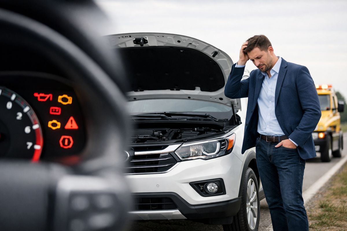 A late-model SUV pulled over on a roadside shoulder with its hood raised, a tow truck in the background, and a frustrated owner standing beside the vehicle while the dashboard warning lights glow inside