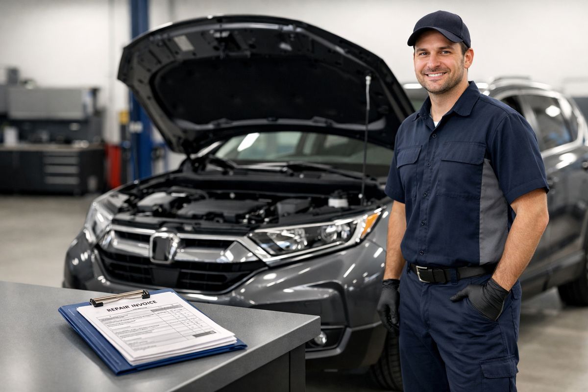 A car parked in a dealership service bay with its hood open, a mechanic standing beside it, and a stack of repair invoices on a clipboard nearby