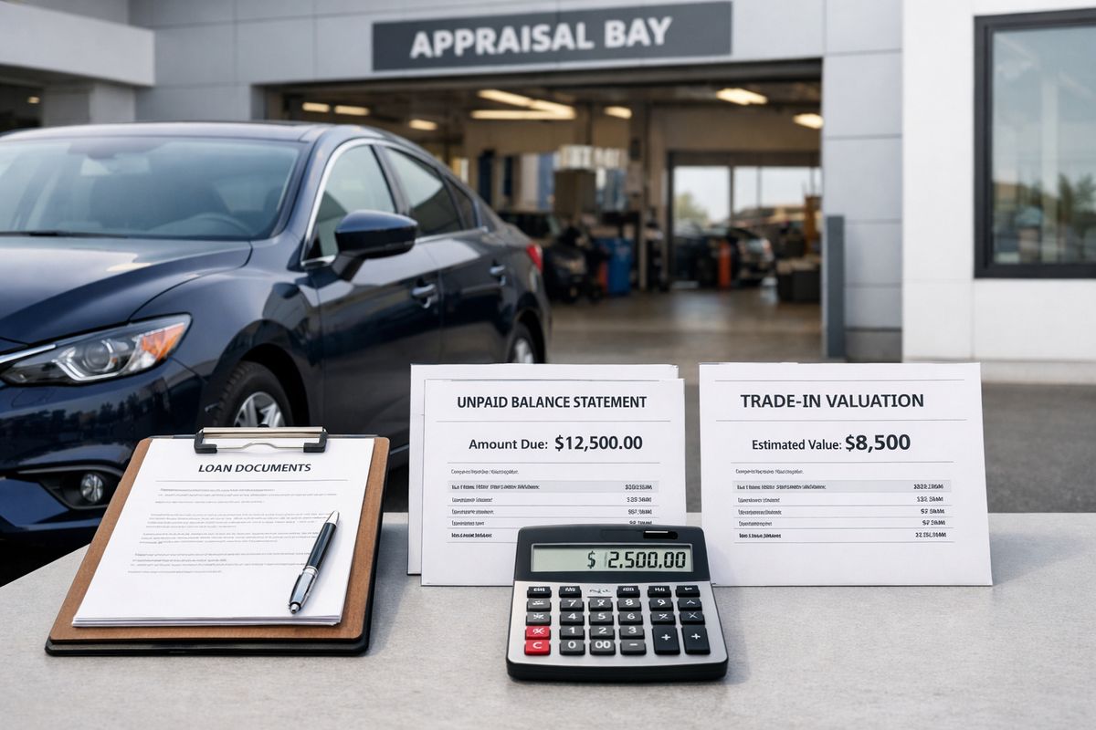 A newer sedan parked beside a dealership appraisal bay with its hood closed, a stack of loan papers on a clipboard, and a visible gap between the car and a calculator showing an unpaid balance sheet next to a lower valuation sheet
