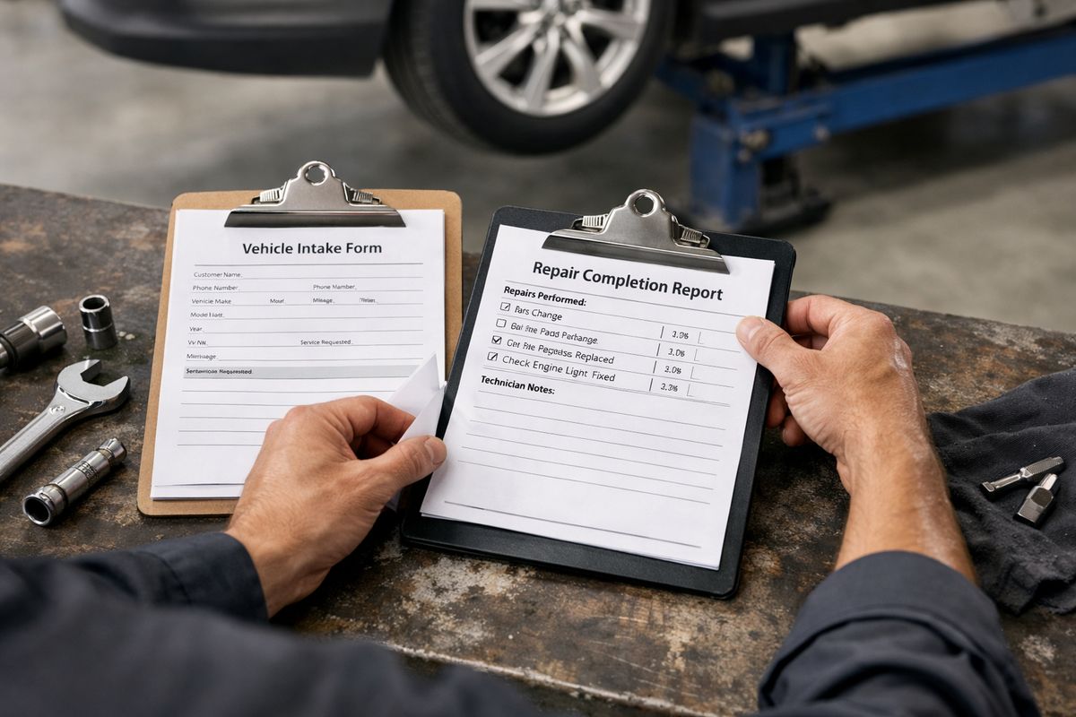 A close-up scene inside an auto repair shop showing a clipboard with two separate service papers beside a car on a lift, one sheet marked with intake details and another with completed repair notes, with tools, a grease-stained workbench, and a technician’s hands sorting through the paperwork.