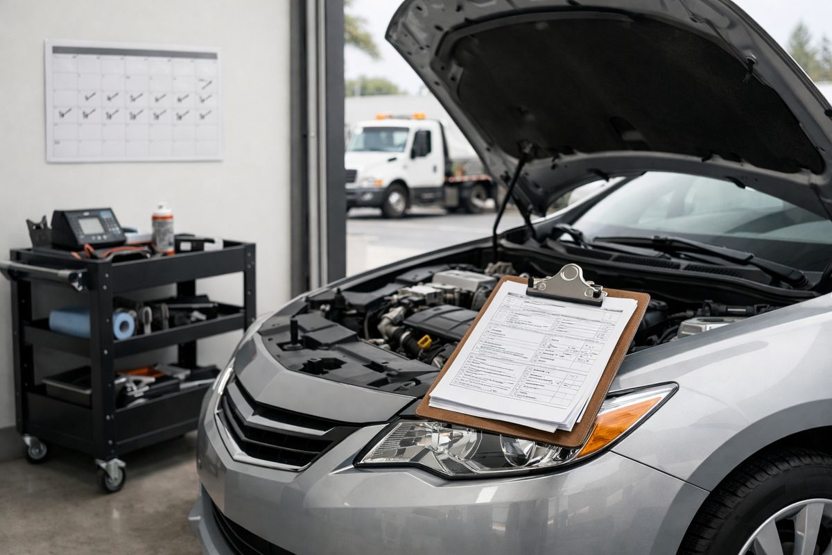 A sedan parked at a dealership service bay with its hood open, a mechanic cart nearby, and multiple repair orders clipped to a clipboard resting on the fender, while a wall calendar and a tow truck visible outside suggest the car has been out of service for many days