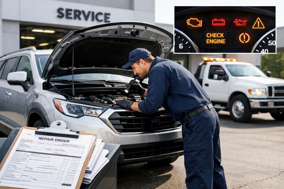 A silver SUV parked outside a dealership service bay with the hood open, a tow truck nearby, several stacked repair orders on a clipboard, and a mechanic inspecting the engine while warning lights glow on the dashboard