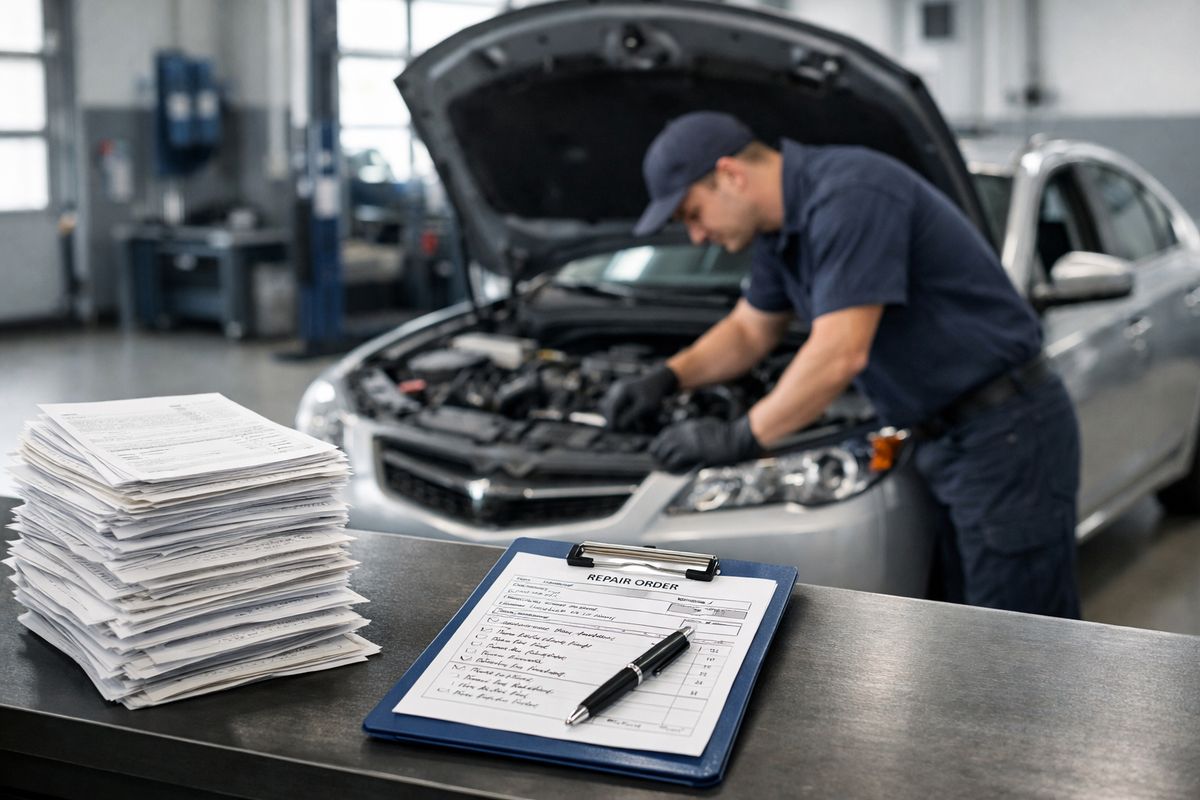 A sedan in a repair bay with its hood open, a mechanic inspecting an engine compartment while a stack of service invoices and a clipboard with repair notes sit on a nearby workbench, suggesting repeated repairs and accumulated downtime