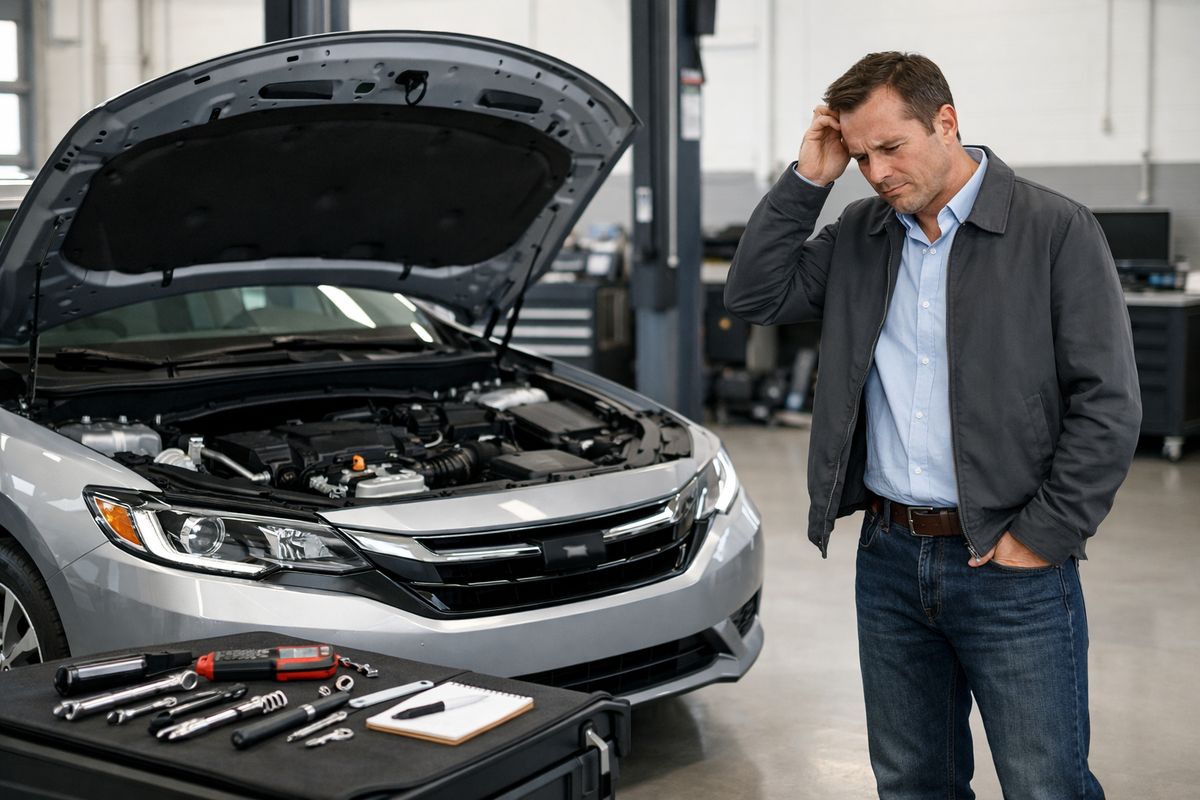 A modern sedan parked in a dealership service bay with the hood open, a mechanic’s tools laid out nearby, and a worried owner standing beside the car as if the same drivability problem has returned right after a major repair.