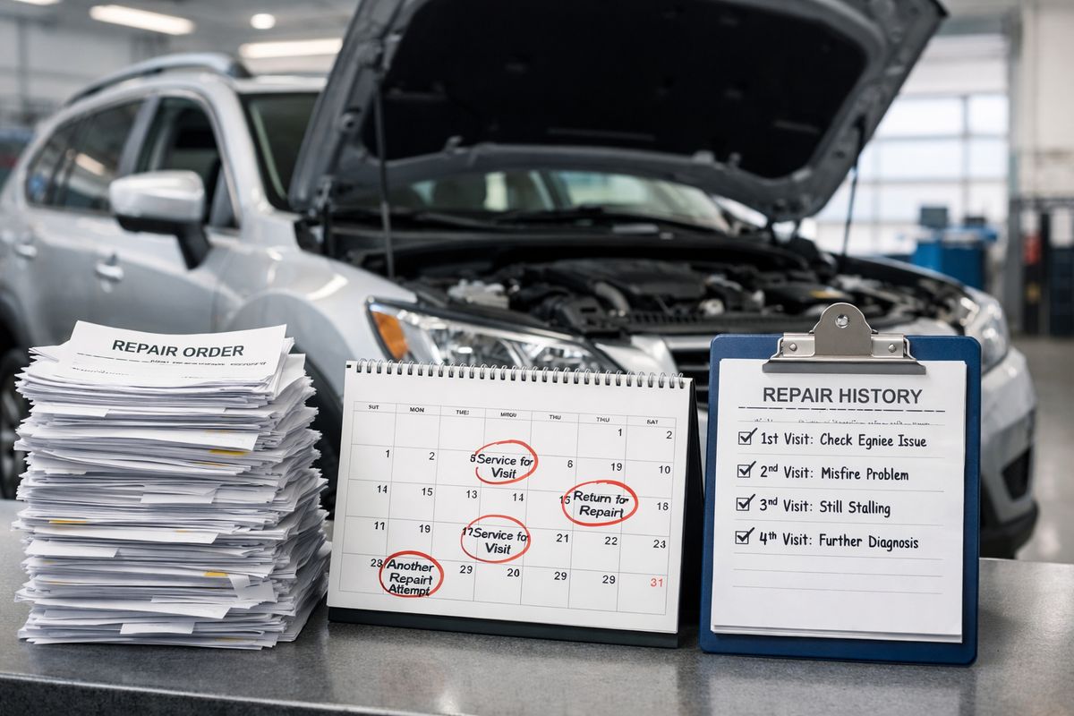 A car in a dealership service bay with its hood open, surrounded by stacked repair orders, a calendar, and a clipboard, showing repeated repair attempts and the importance of tracking dates and service visits