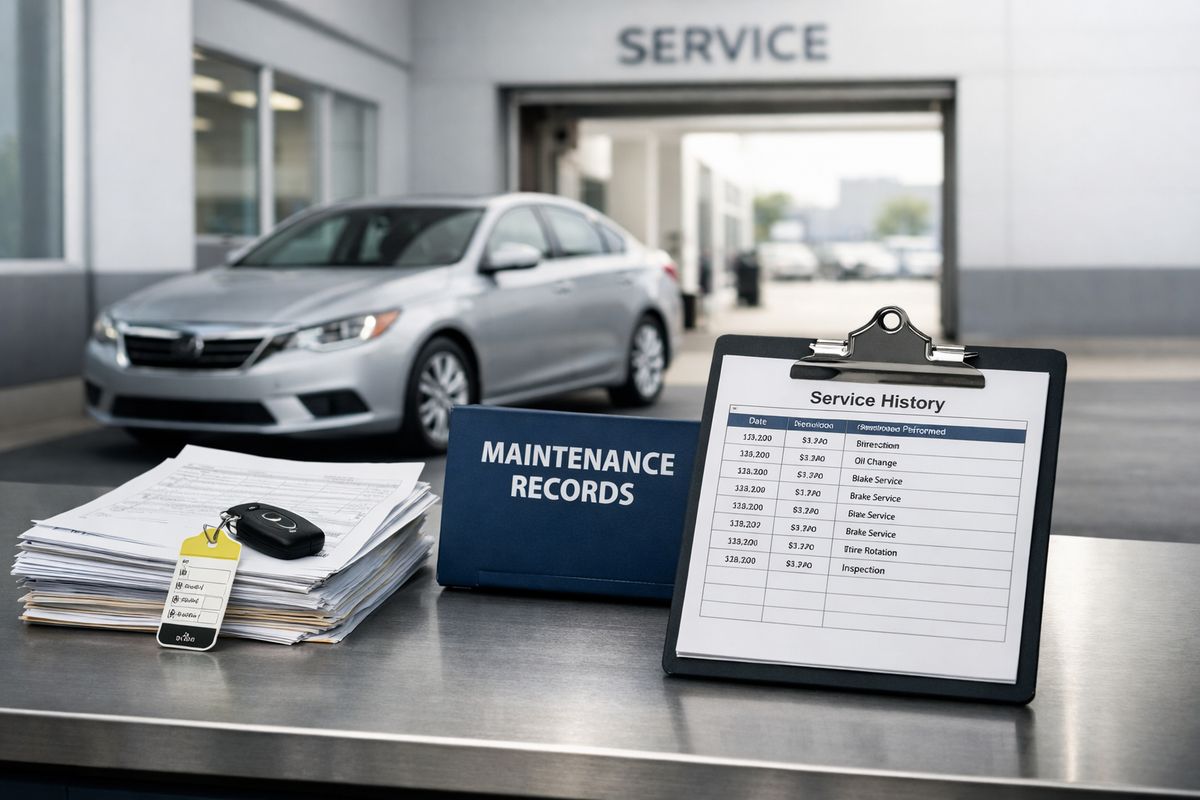 A workbench covered with stacked repair orders, a vehicle key tag, and a car maintenance folder beside a clipboard showing multiple service visits, with a sedan in the background outside a dealership service entrance