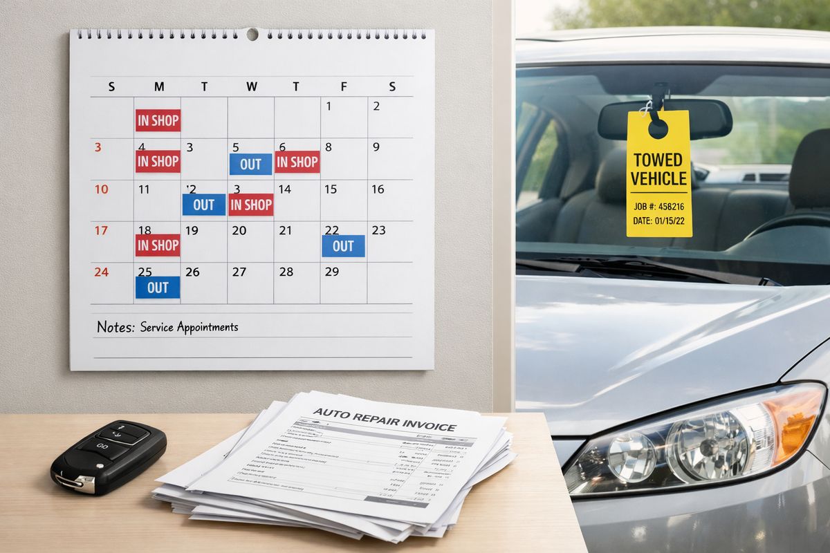 A wall calendar beside a car key fob, a stack of repair invoices, and a vehicle parked outside with a tow tag hanging from the mirror, showing the car has been in and out of the shop over a limited time window