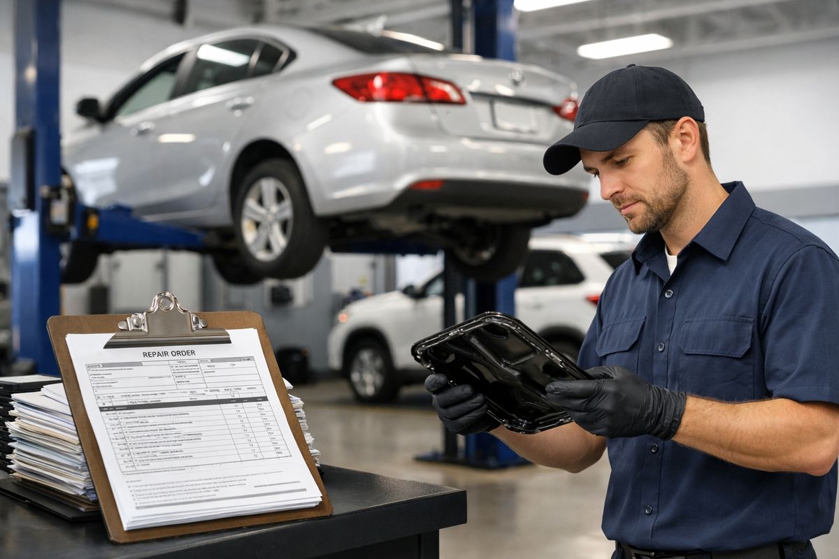 A dealership service bay with a sedan parked on a lift, several stacked repair orders on a clipboard, and a mechanic inspecting a transmission pan while another vehicle waits behind it in line