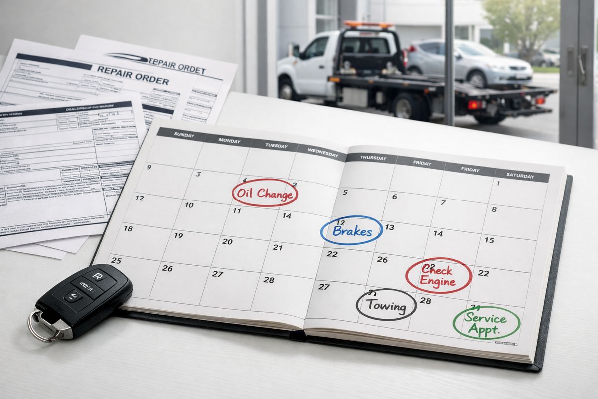A calendar spread laid out next to a car key and multiple dealership repair orders, with several days marked across different service visits and a tow truck visible outside a service center