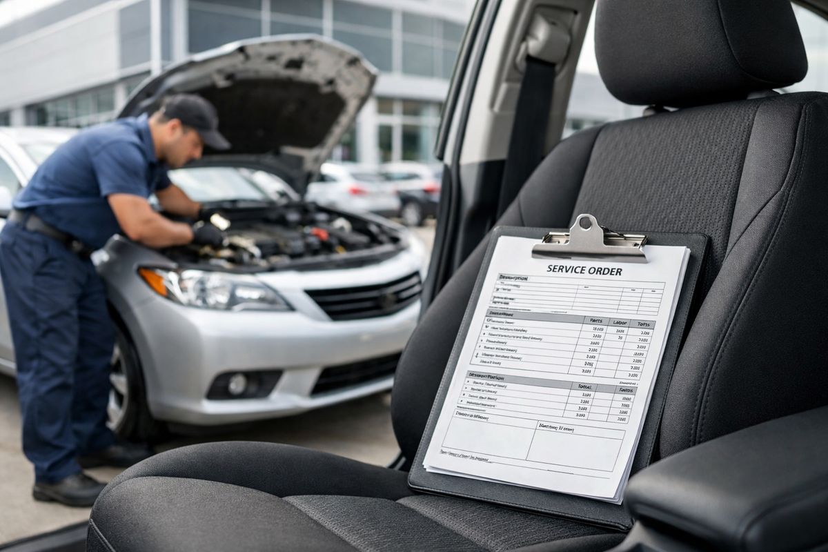 A silver car with its hood open in a service lot, a mechanic inspecting engine components while another clipboard of repair invoices and service orders sits on the front seat, with the dealership building and parked cars in the background