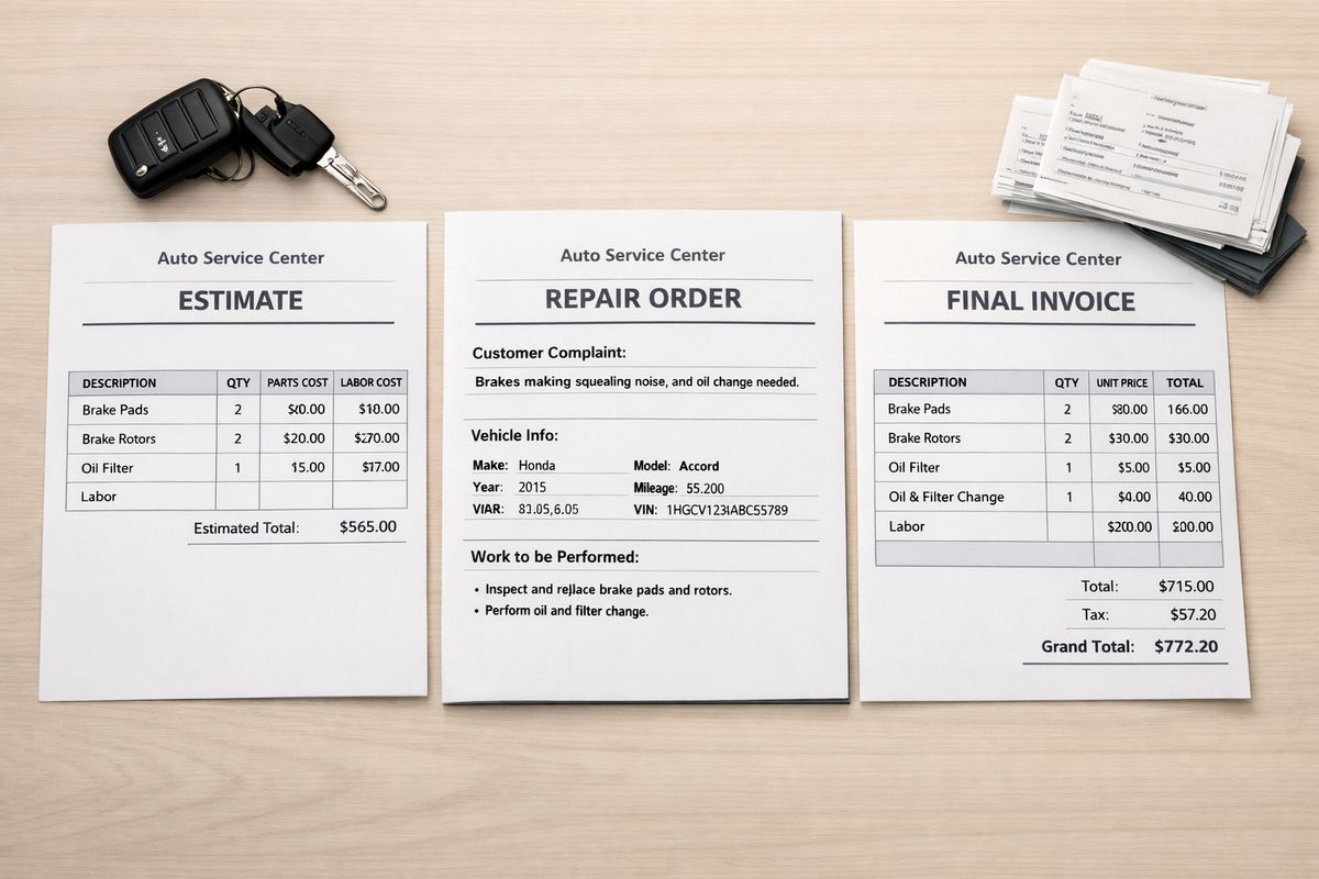 A desk scene with three different auto service documents spread out side by side: an initial cost estimate with parts and labor line items, an opened repair order showing the reported vehicle complaint, and a final invoice with completed repair details, next to a set of car keys and a stack of other service receipts.