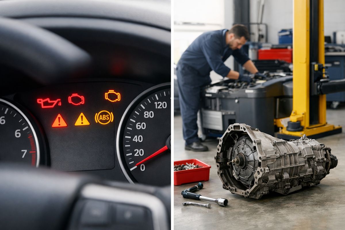A close view of a modern car dashboard showing warning lights illuminated, with a mechanic inspecting the engine compartment in the background and a second shot-style view of a transmission removed on a shop floor beside tools and a lift, emphasizing serious engine and drivability problems