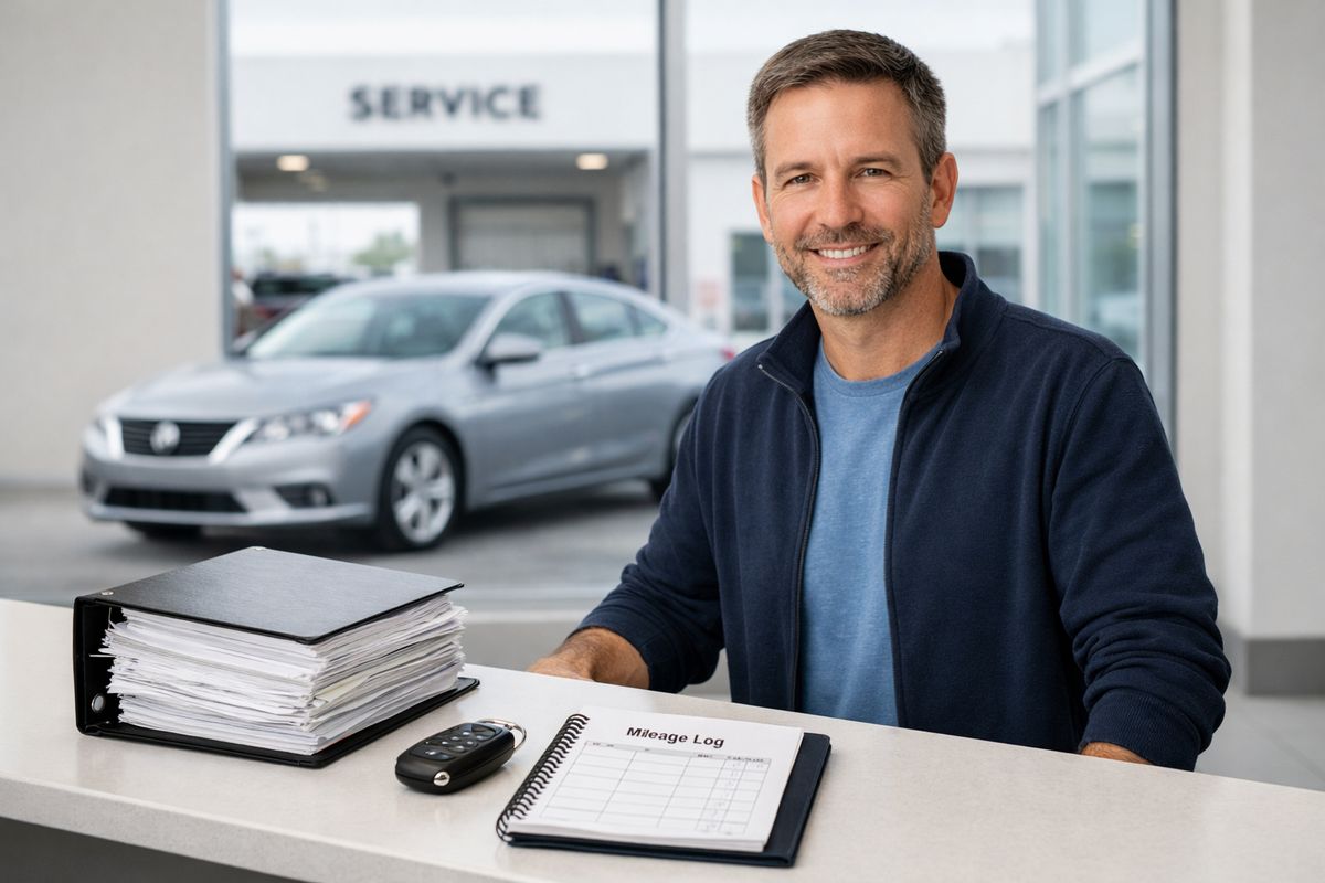 A car owner standing at a service counter beside a thick folder of repair invoices, a key fob, and a mileage log notebook, with a leased sedan visible through the glass sitting in a dealership lot near the service entrance