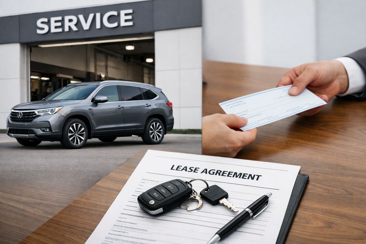 A leased SUV parked in front of a dealership service entrance beside paperwork showing a lease contract, a set of keys, and a check being handed across a desk, illustrating a vehicle buyback or replacement process