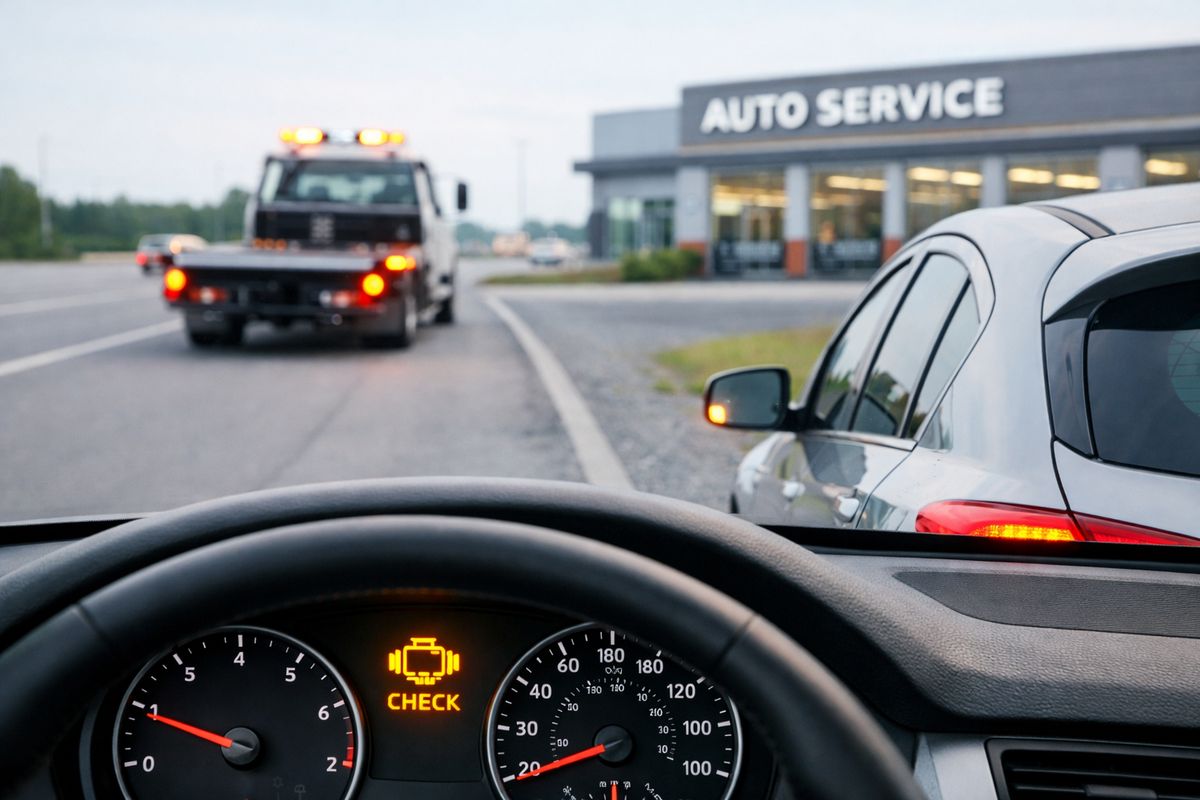 A vehicle on a road shoulder creeping forward with visible signs of trouble, such as a flashing warning light on the instrument cluster, a tow truck in the distance, and a service center in the background suggesting the problem still persists after replacement.
