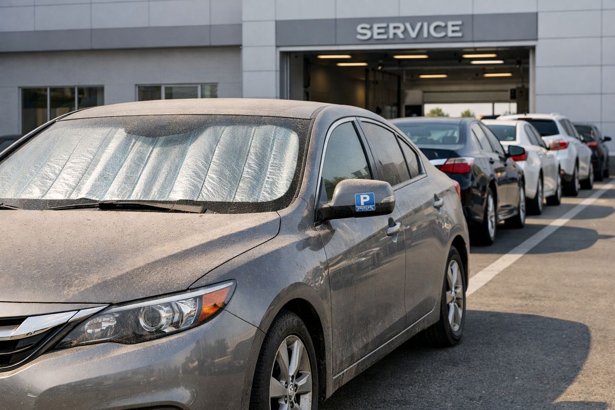 A car parked outside a dealership service entrance for several days with a windshield sunshade, dust on the body, a parking sticker on the mirror, and a row of other vehicles lined up near the service area