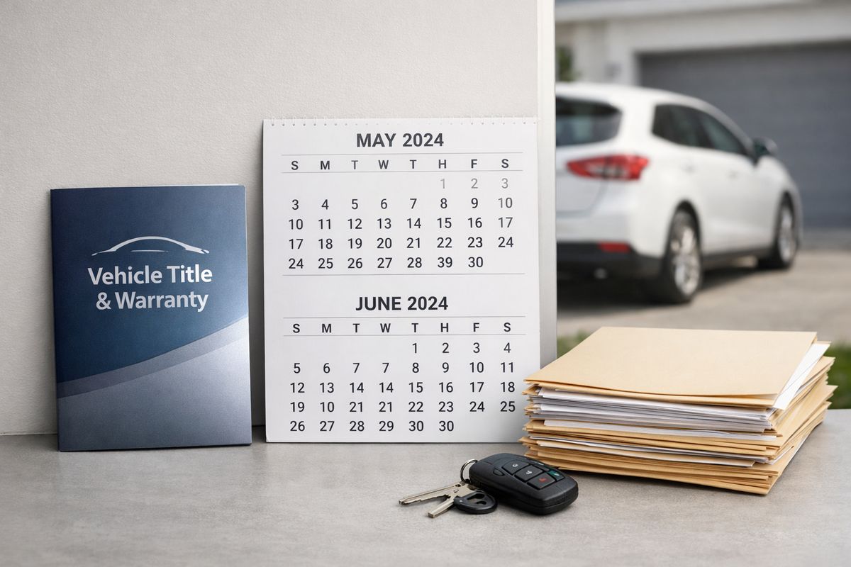 A vehicle title and warranty booklet placed beside a wall calendar showing consecutive months, with the car parked in a driveway and a folder of repair documents stacked next to the keys