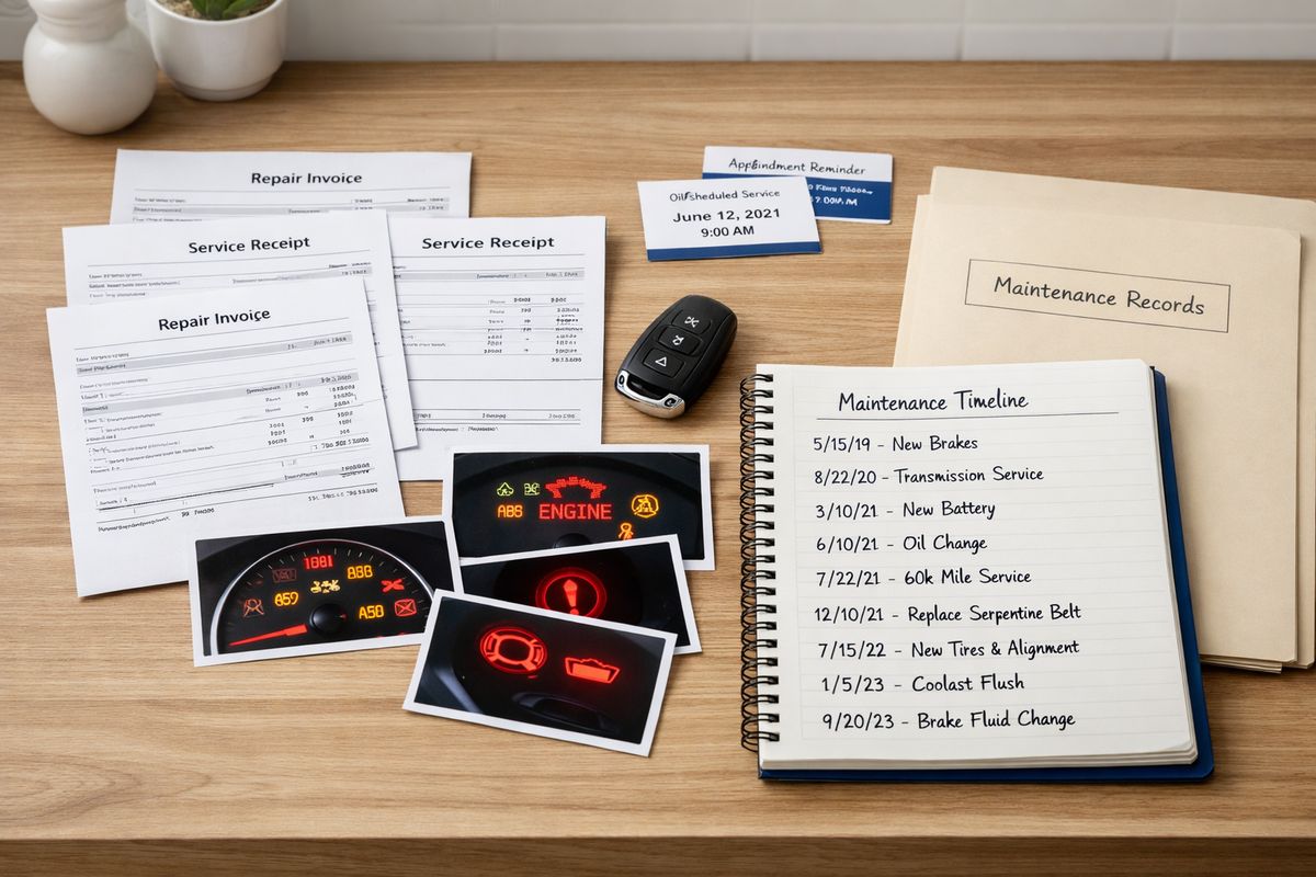 A kitchen table covered with neatly arranged repair invoices, service receipts, dated appointment cards, a vehicle key fob, printed photos of warning lights on a car dashboard, and a notebook with a handwritten timeline laid out beside a folder of maintenance records
