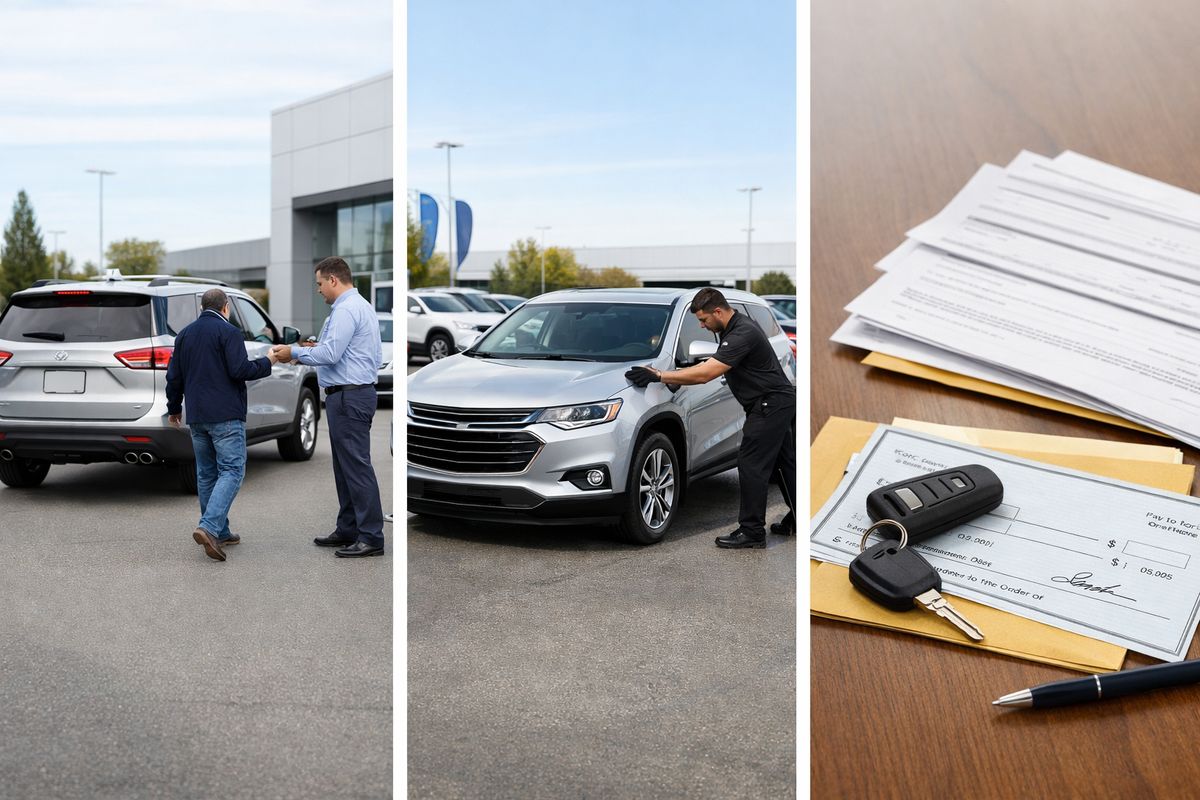 A three-part arrangement showing a dealership lot with a vehicle being returned, another identical car at the center being prepared for replacement, and a stack of paperwork with a check and keys laid out on a table to represent compensation