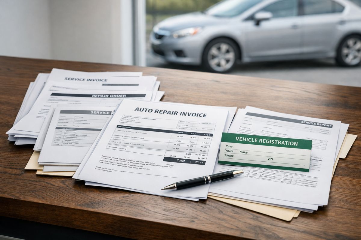 A trunk or kitchen table covered with organized service records, repair invoices, a vehicle registration card, and a pen, with a car parked outside in the background, illustrating the process of gathering documentation before a case review