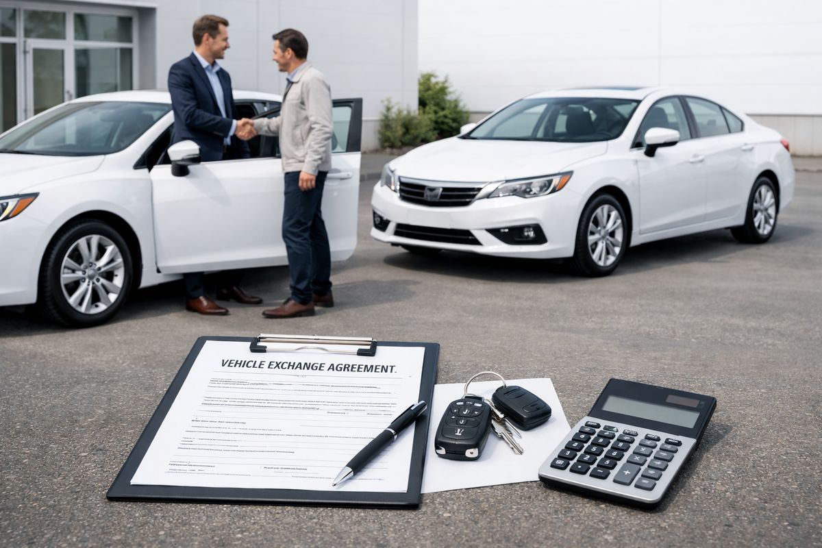 A manufacturer taking back a white sedan as part of a vehicle exchange, with one identical replacement car parked nearby and paperwork laid out beside the two vehicles in a clean delivery lot